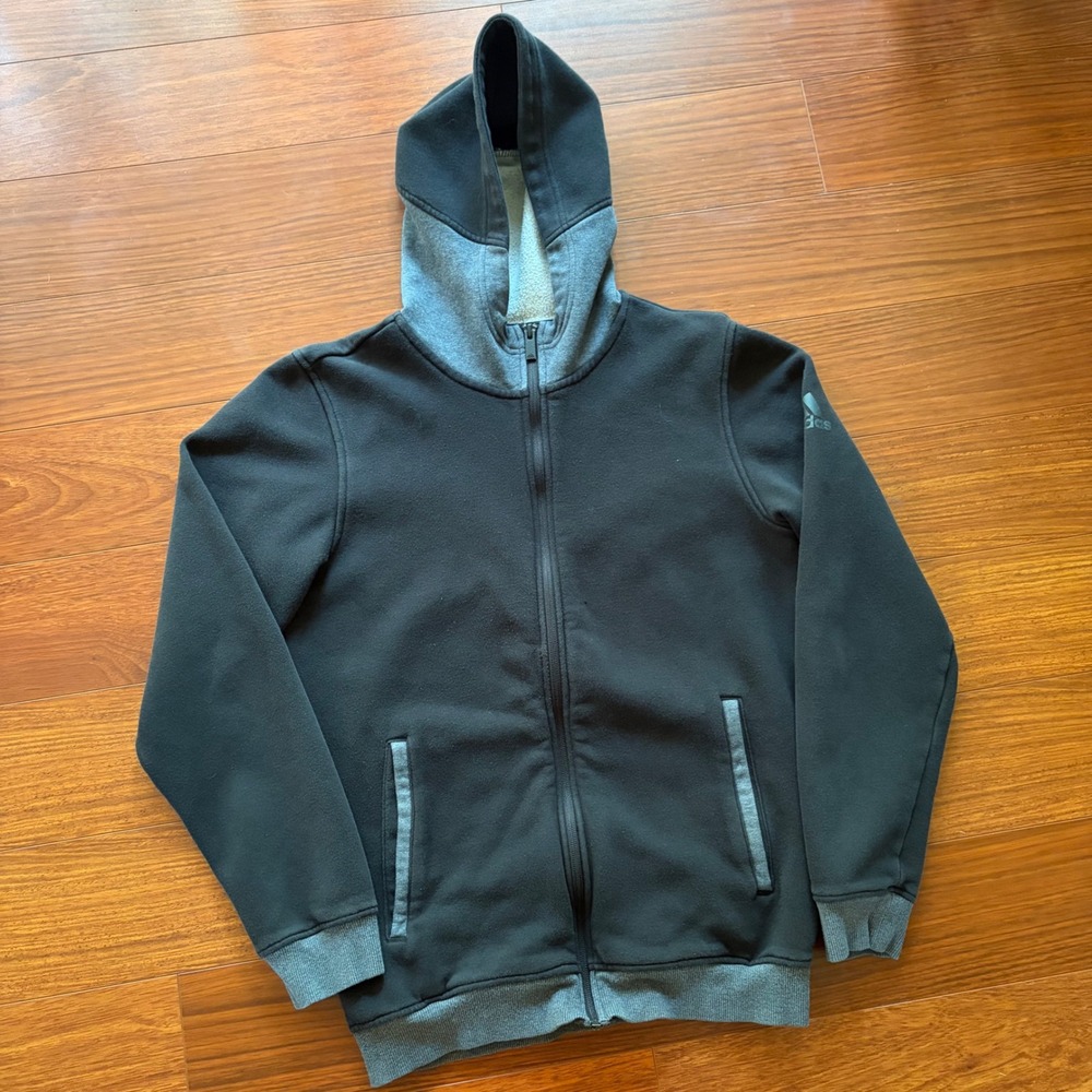 Adidas Basketball Mens Full Zip Hoodie Sweatshirt Black Gray Fleece Size M